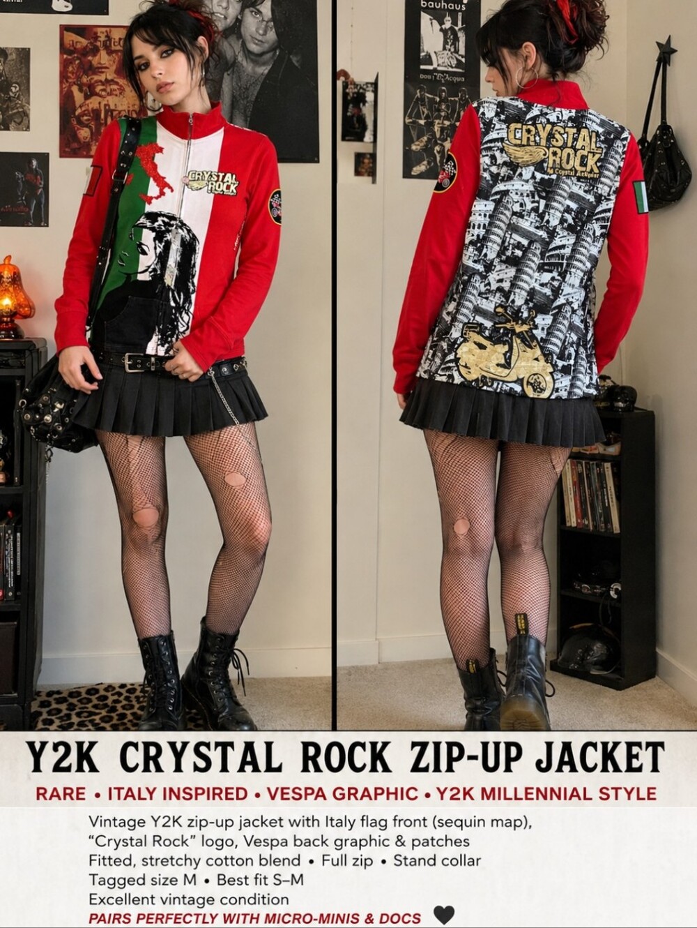 New Y2K Track Jacket Crystal Rock Crystal Audigier Red/Black Italy NWT Sz S